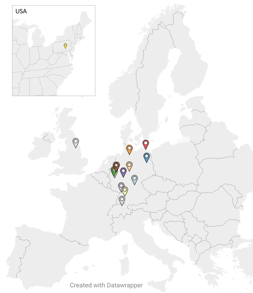 Map of cities with network members in Germany, the UK, Switzerland and the US